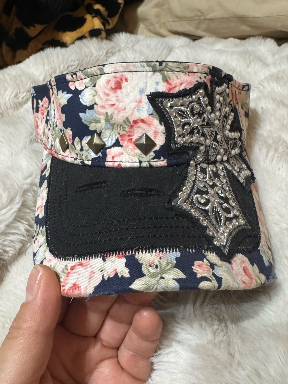 KBETHOS Navy Floral Visor with Studs and Jeweled Cross